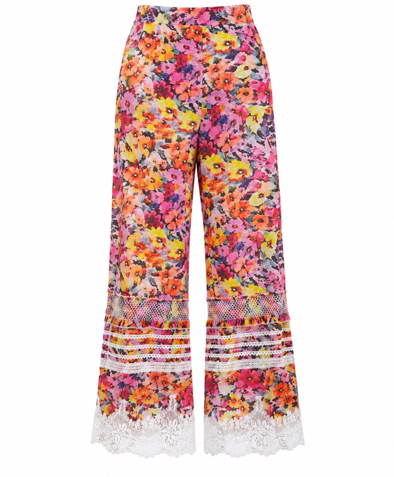 Pantaloni florali cu dantela si broderie