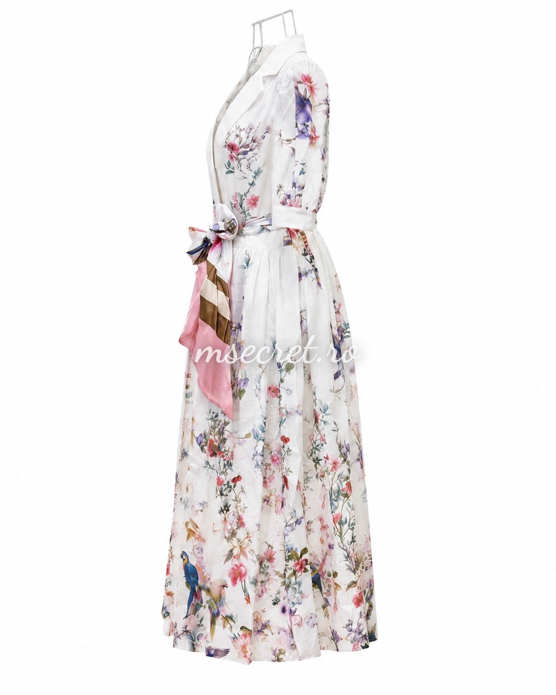 Rochie midi din in cu imprimeu floral si cordon tip esarfa