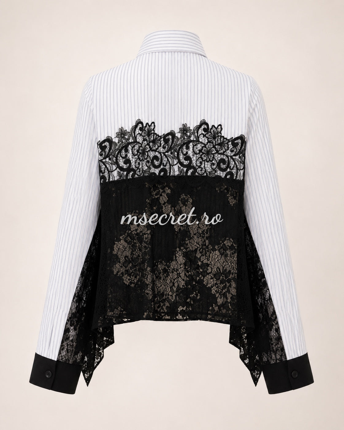 Shirt with fine stripes and black lace inserts