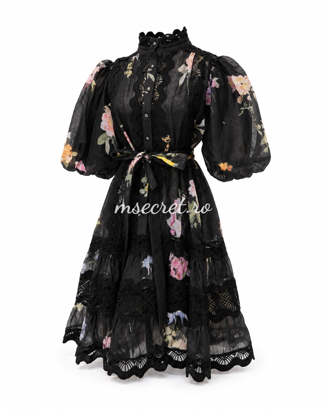 Black linen dress with floral print and decorative embroidery