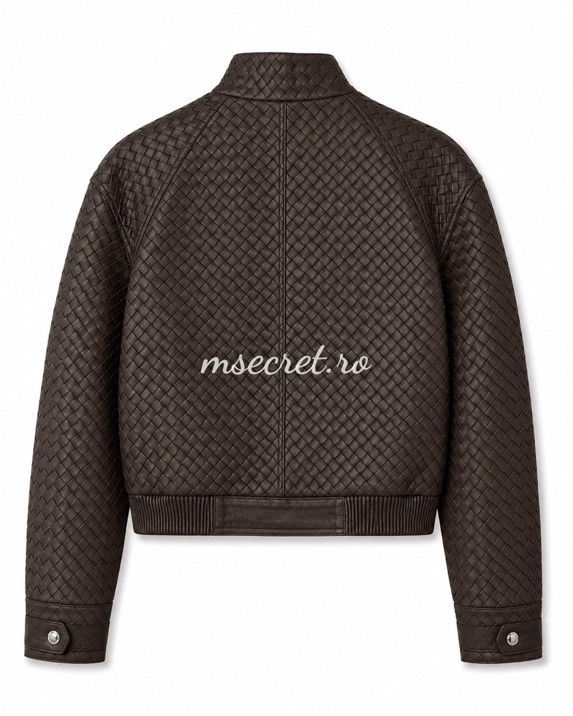 Geaca scurta din piele naturala maro cu textura impletita