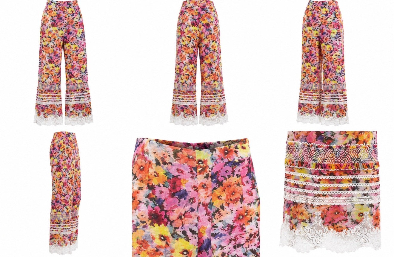 Pantaloni florali cu dantela si broderie