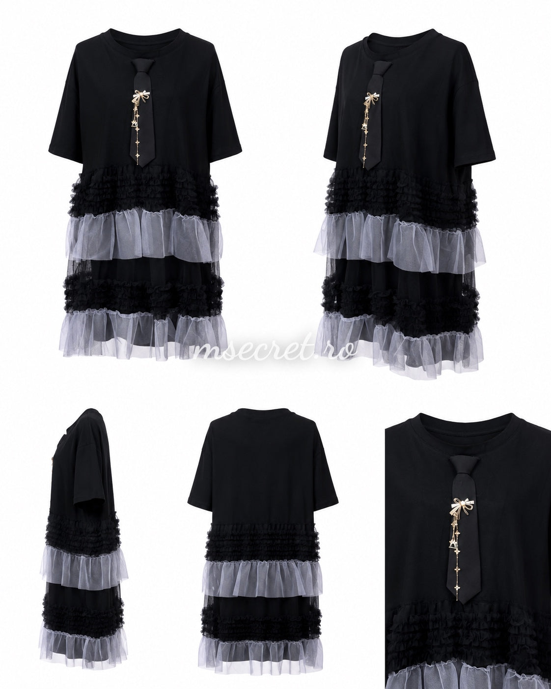 Rochie neagra din bumbac cu volane din tulle si accesoriu tip cravata