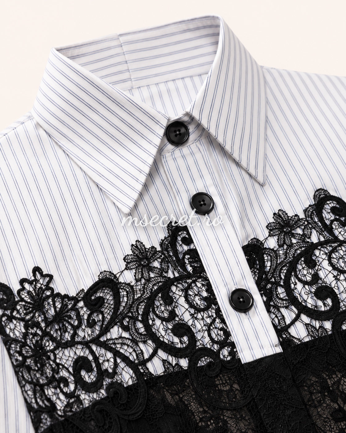 Shirt with fine stripes and black lace inserts
