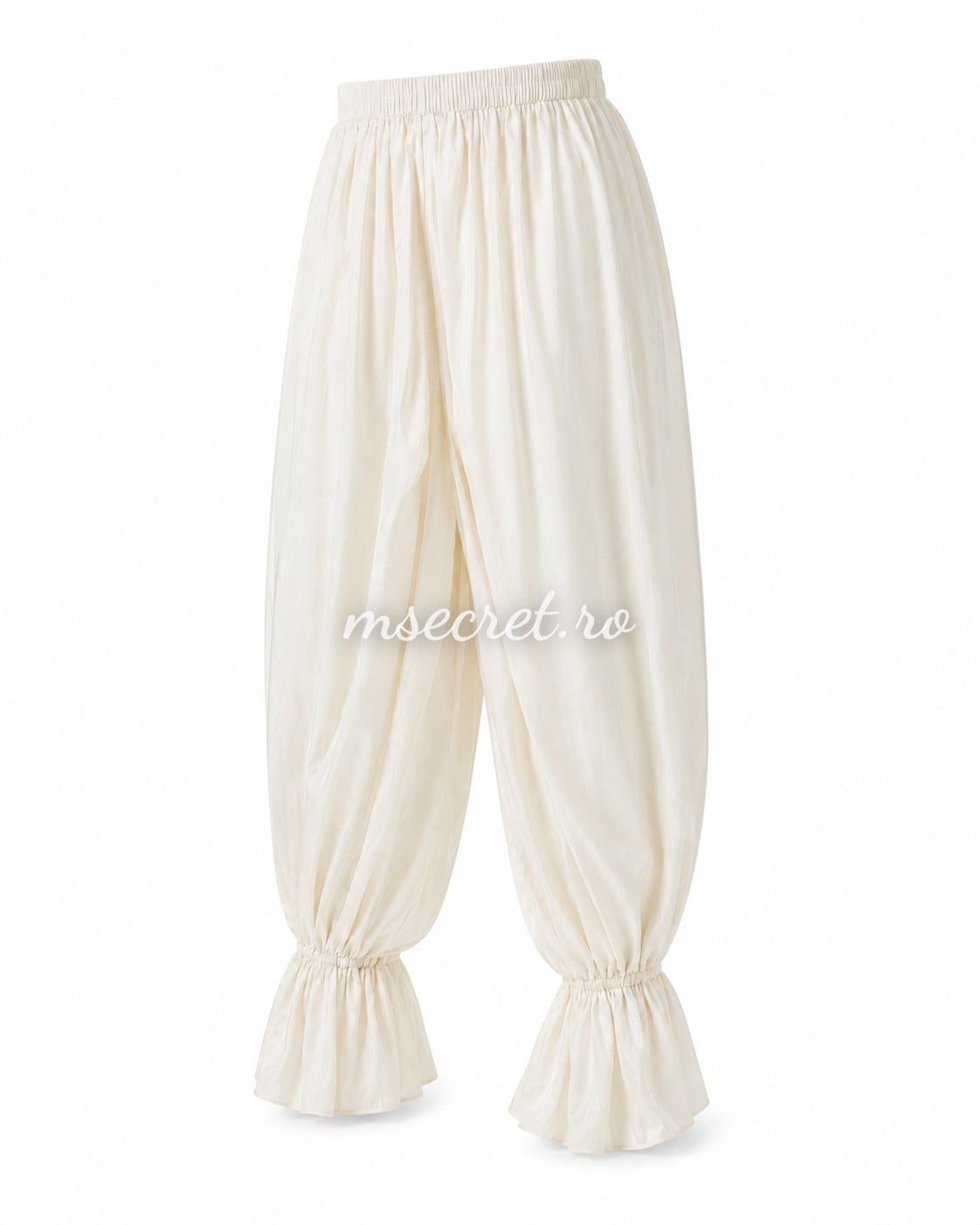 Loose ivory trousers with elasticated waist and ruffled hems