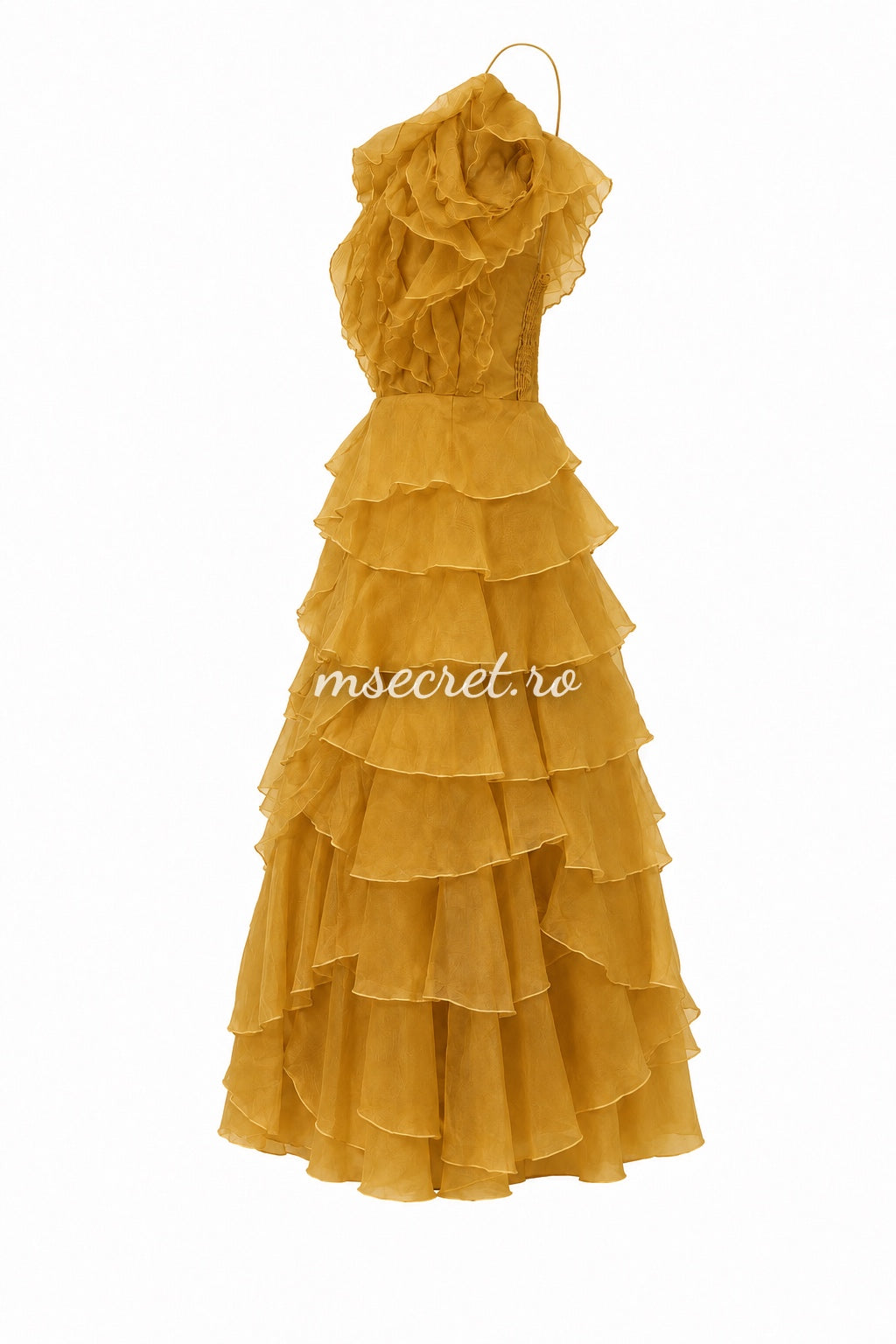 Rochie midi mustar elegantă cu volane din organza
