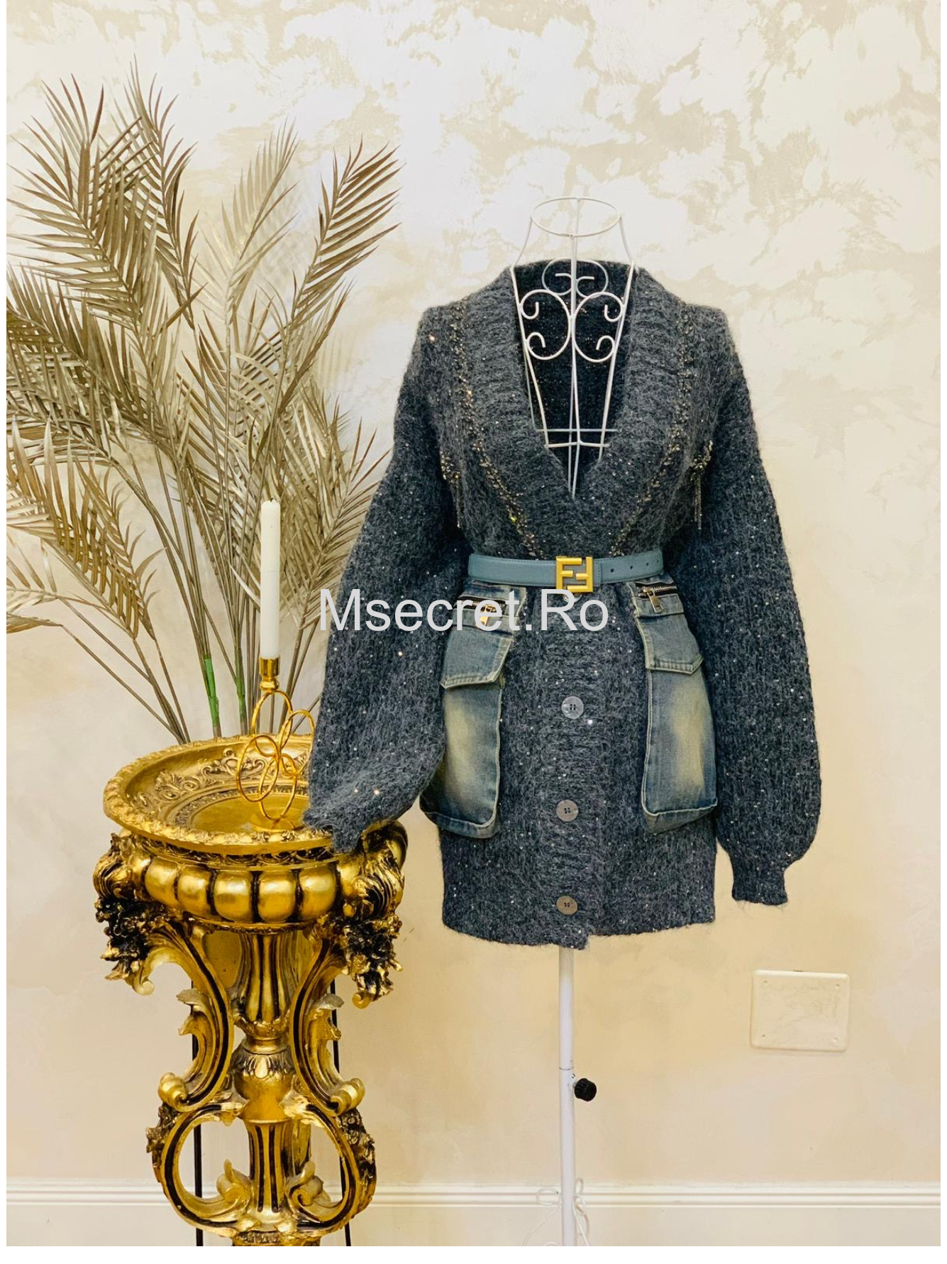 Cardigan din lana cu denim