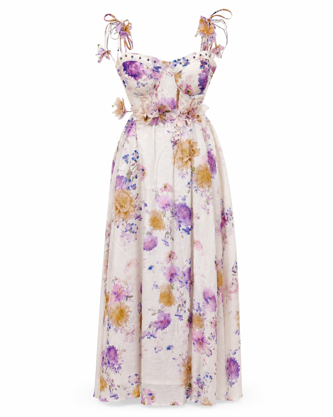 Rochie lunga florală din in cu corset și bretele reglabile