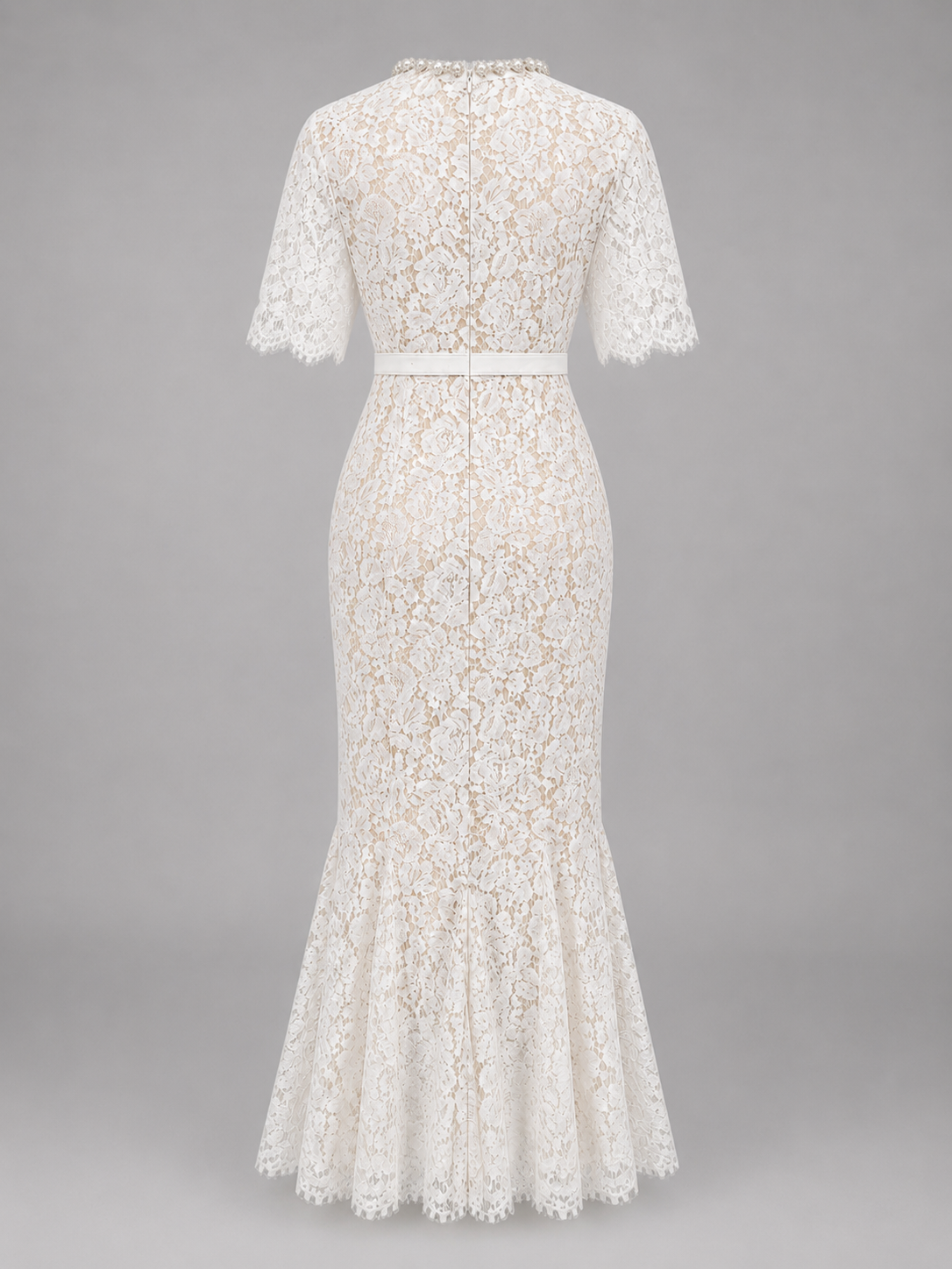 White lace dress with pearl details