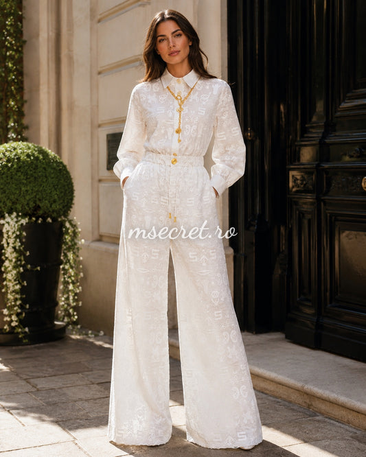 Compleu alb cu broderie camasa si pantaloni palazzo