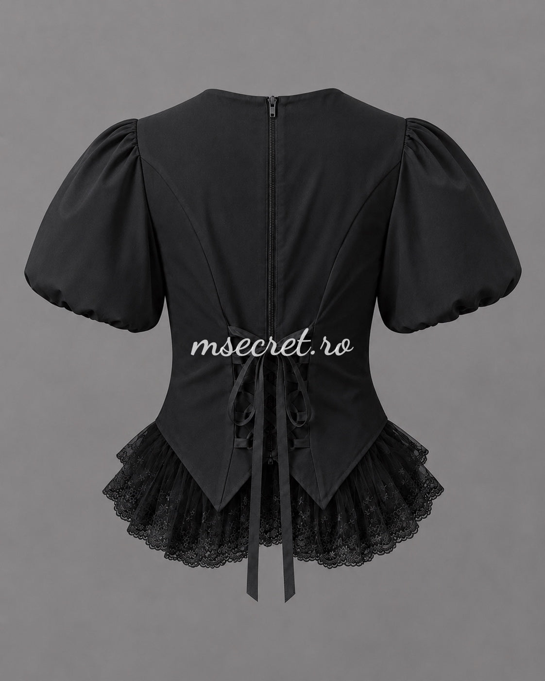 Black shirt with puffed sleeves and embroidered tulle detail