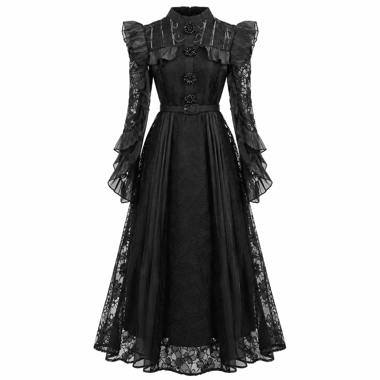 Rochie lungă elegantă neagră din dantelă cu volane