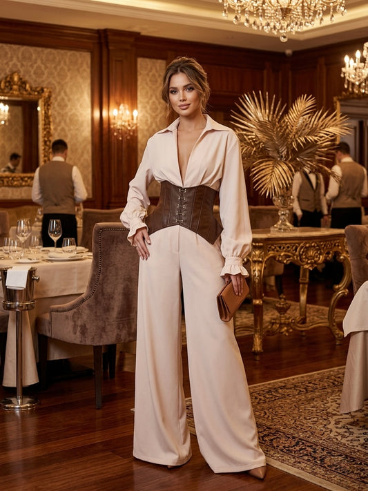 Compleu bej cu corset piele si pantaloni palazzo