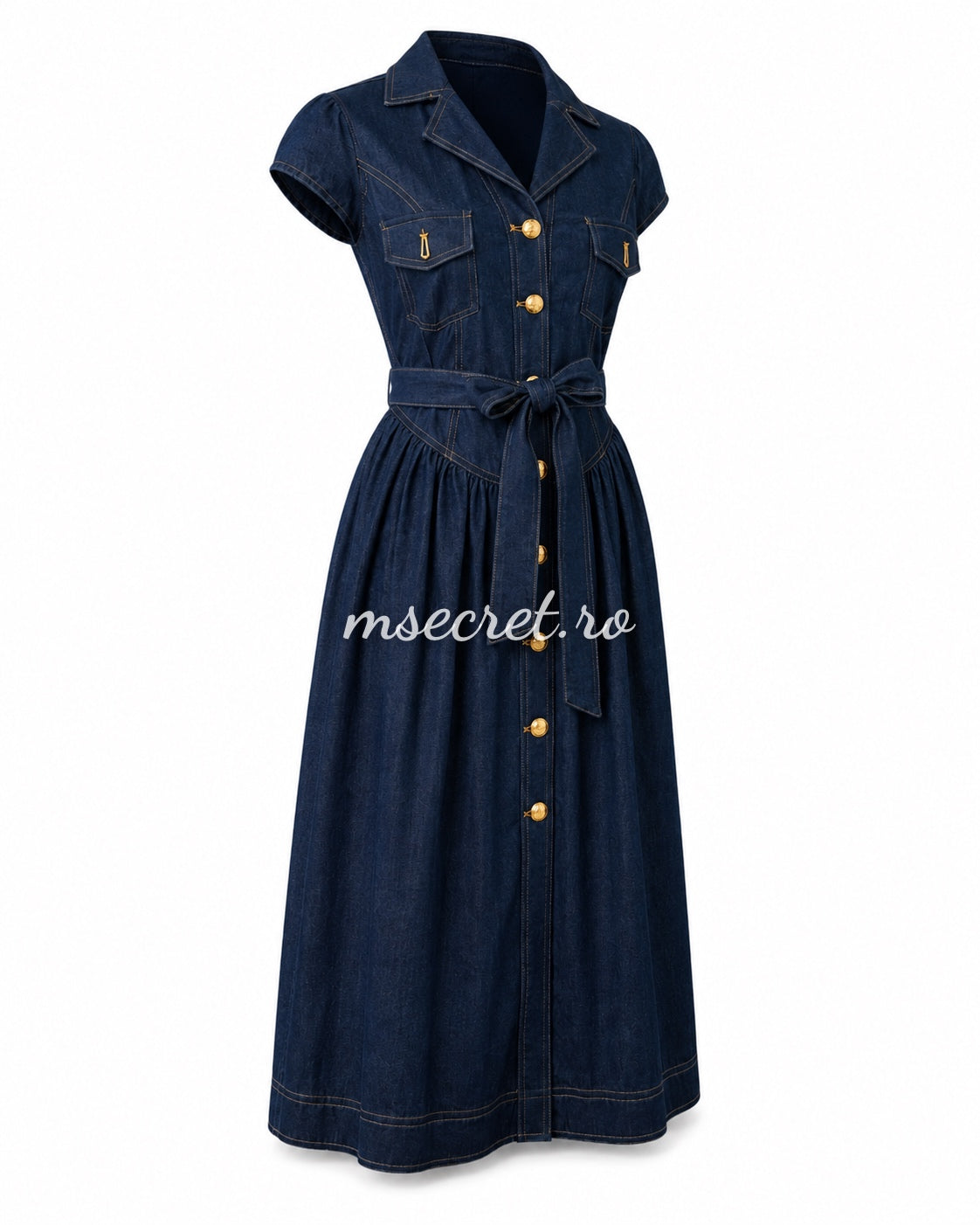 Rochie midi albastra din denim cu nasturi aurii