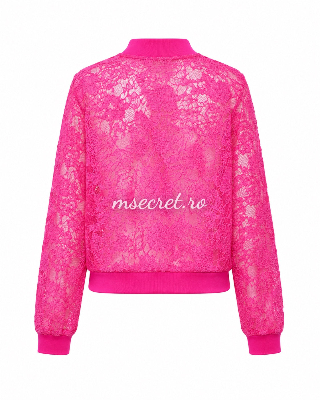 Compleu fucsia din dantela florala cu geaca si pantaloni
