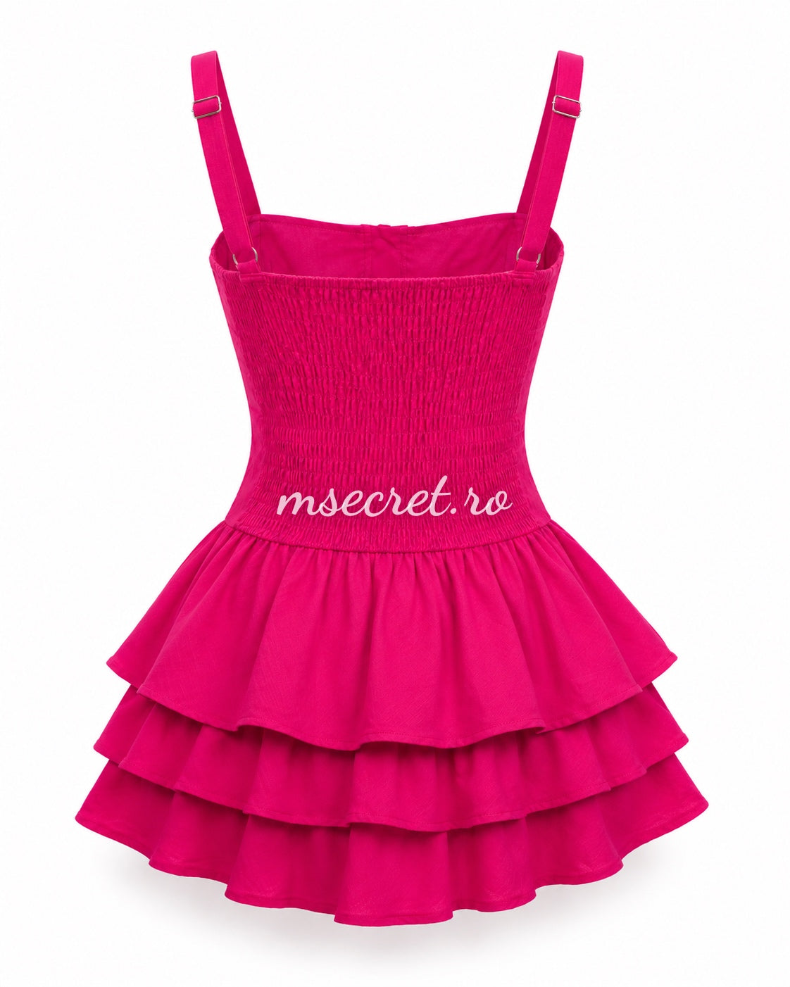 Compleu fucsia cu bluza tip corset si fusta scurta cu volane