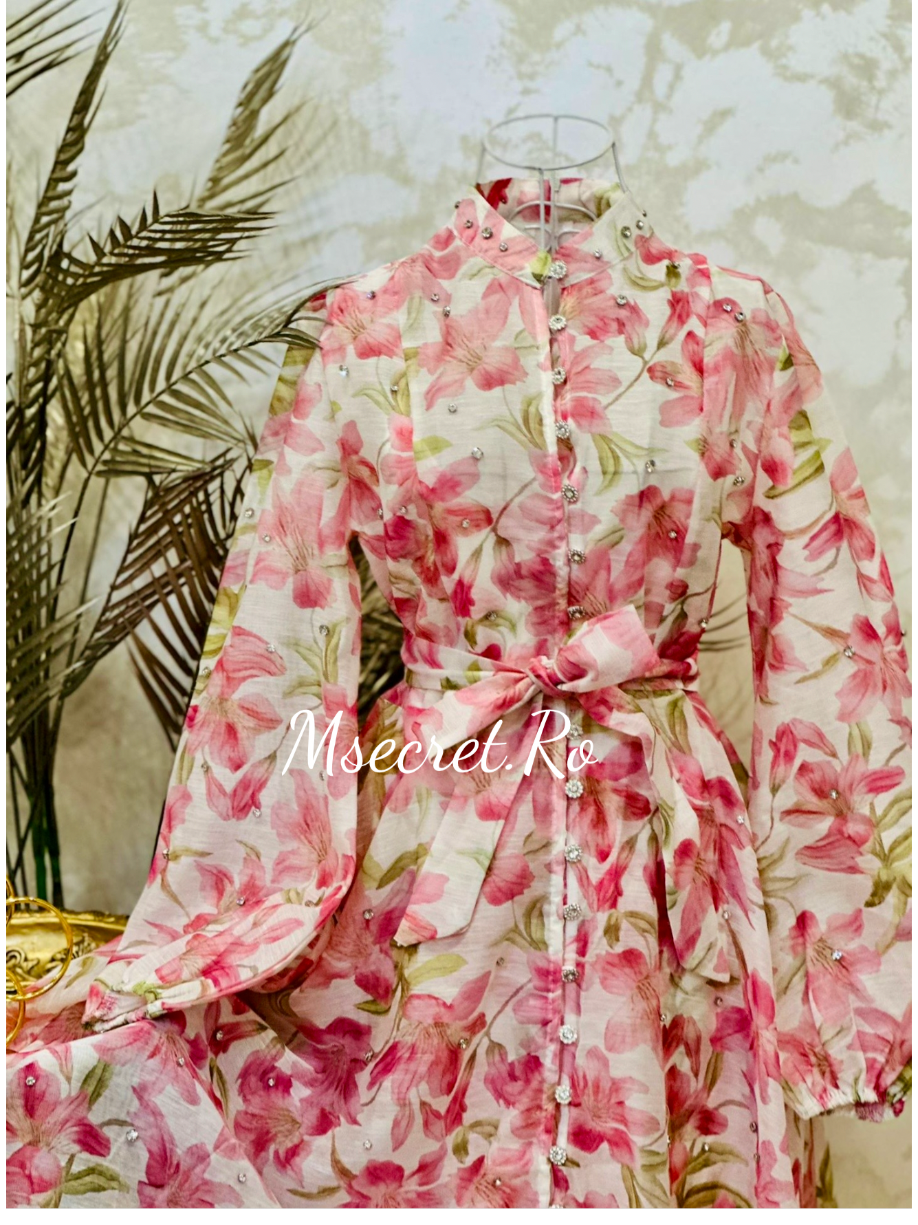Rochie maxi din in cu imprimeu floral roz