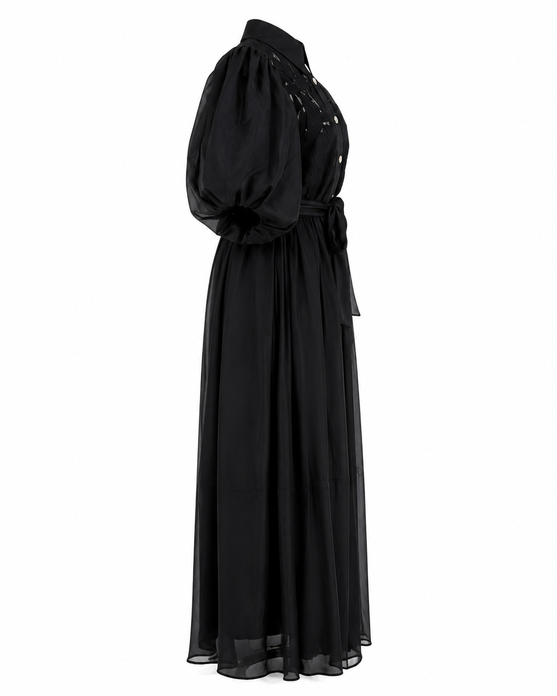 Rochie neagra elegantă din voal cu broderie florală și mâneci bufante