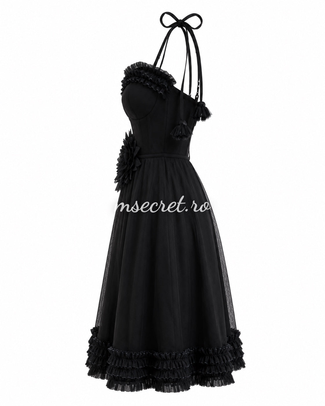 Rochie neagra eleganta midi cu bretele si floare decorativa