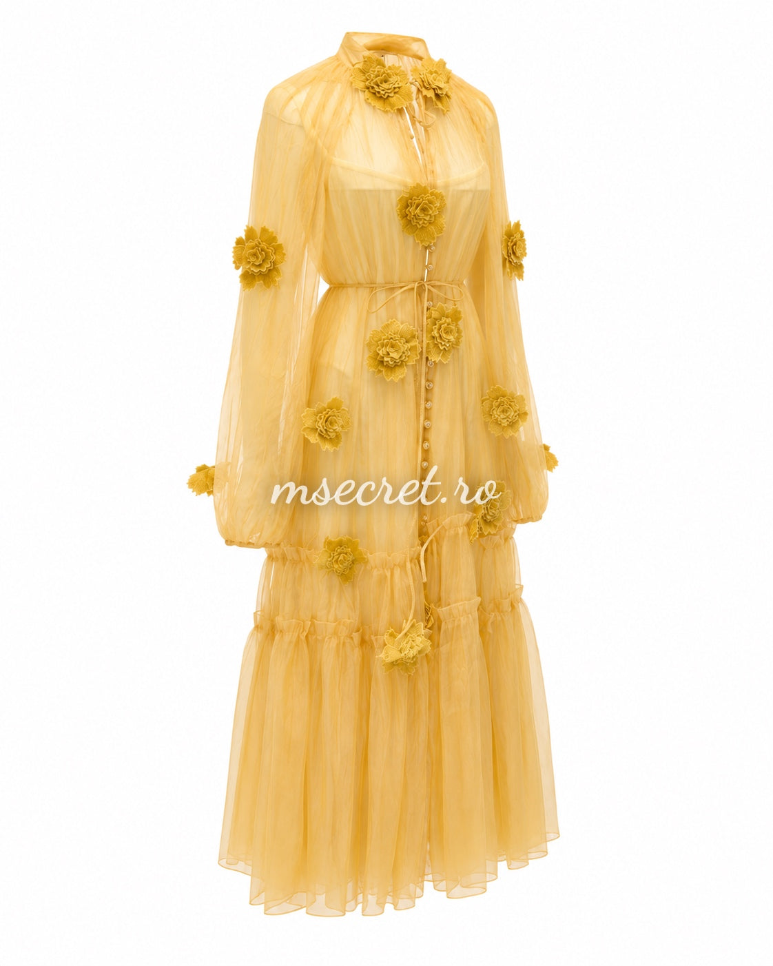 Yellow tulle dress with 3D floral appliques