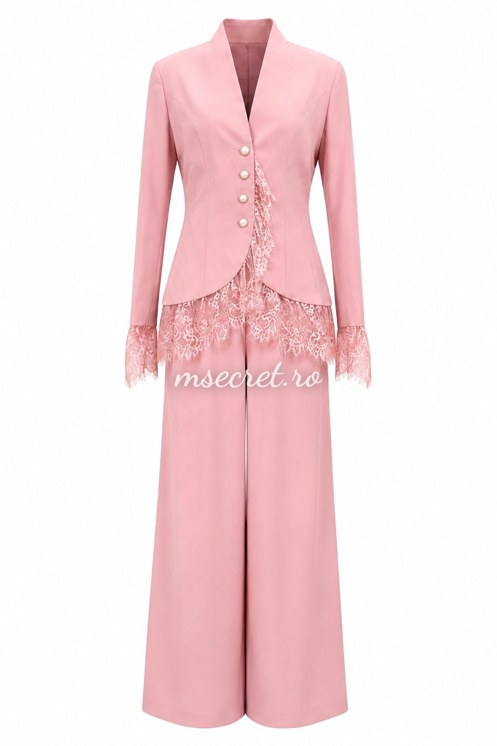 Compleu elegant roz cu sacou si pantaloni largi din dantela