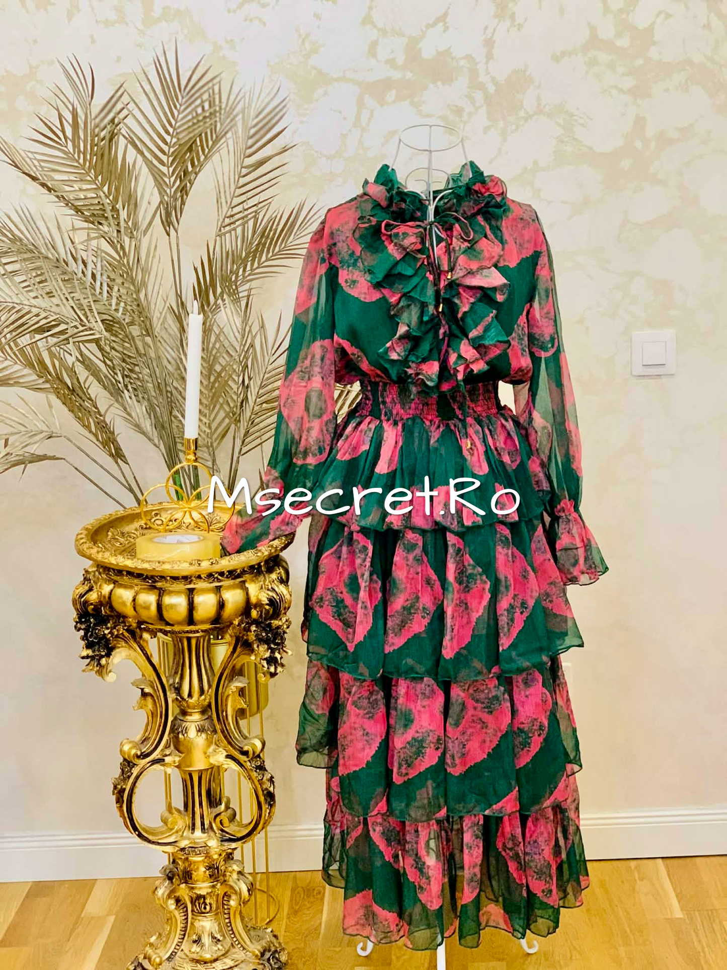 Pink and green midi dress with ruffles