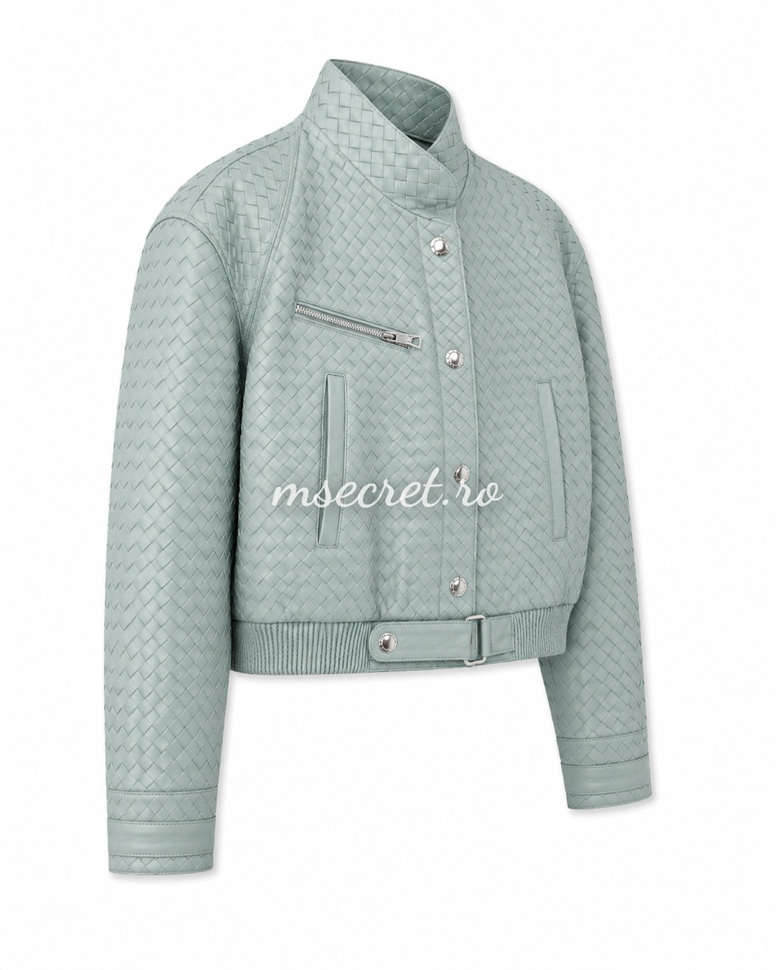 Geaca scurta din piele naturala verde menta cu textura impletita