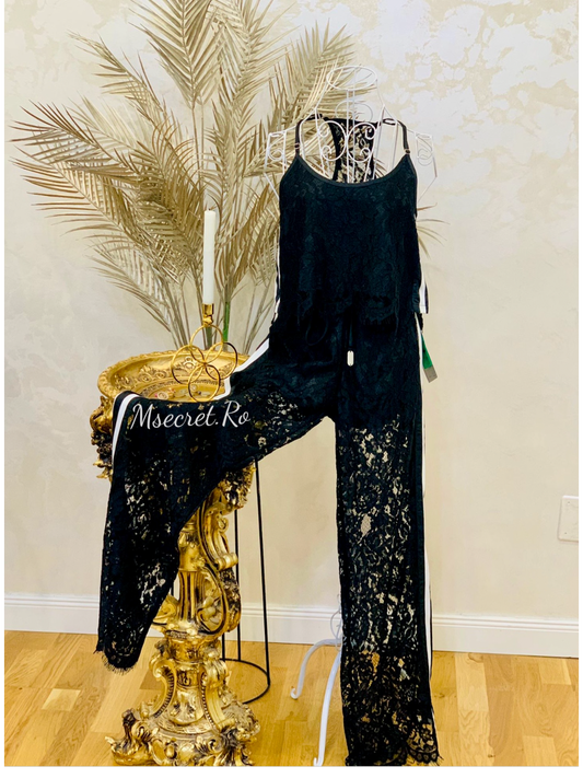 Compleu negru din datela cu pantalon lung