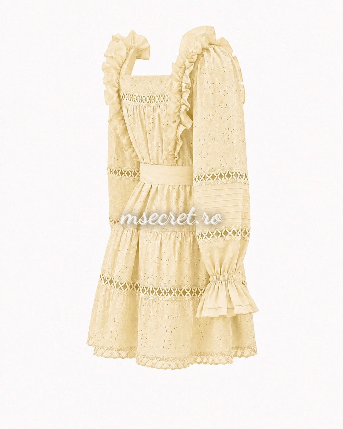 Yellow linen and cotton dress with embroidery and ruffles