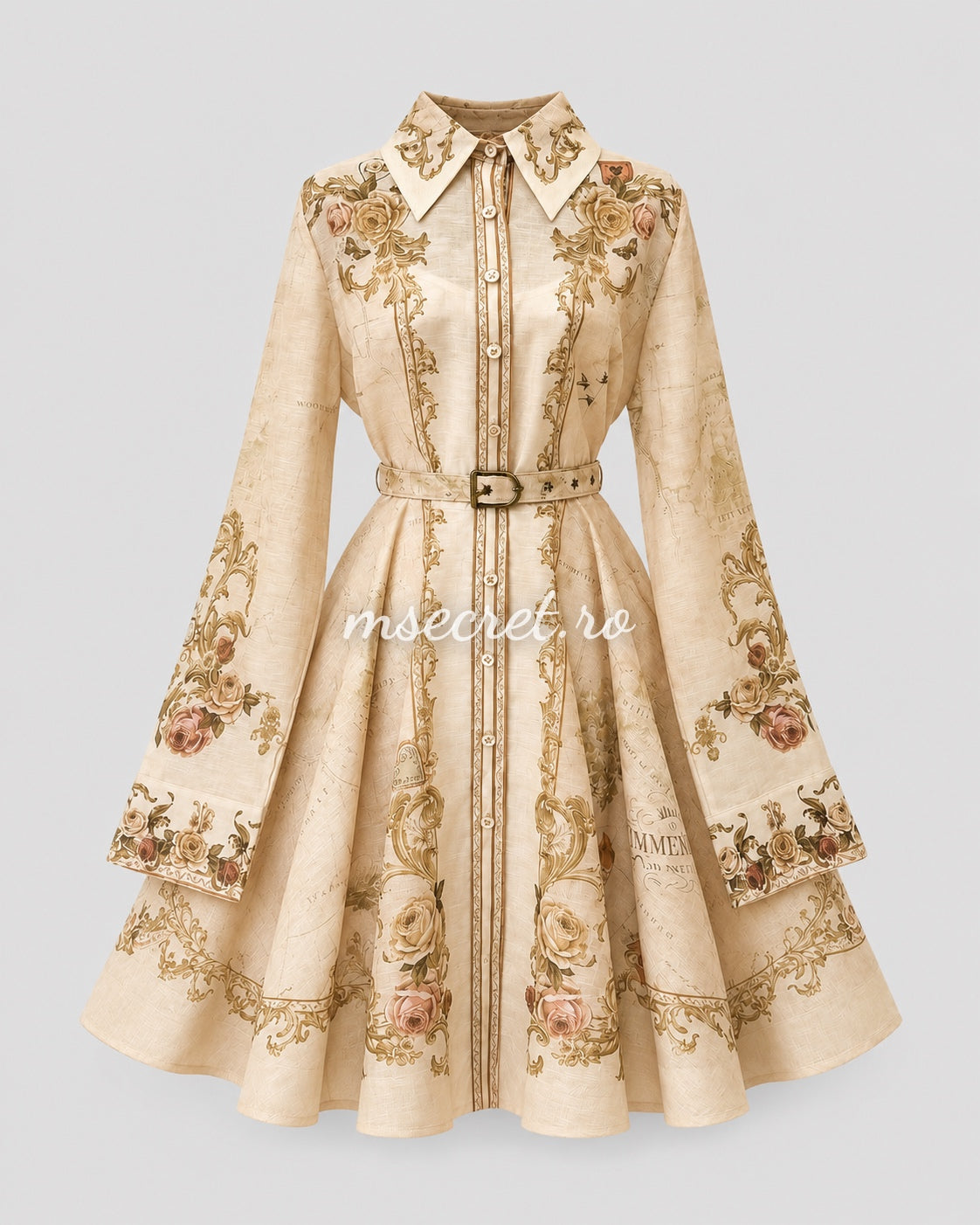 Rochie bej din in cu maneca lunga