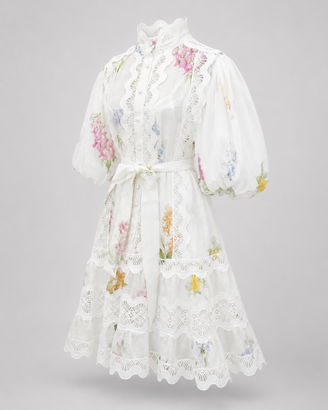 Rochie alba din in cu imprimeu floral si broderie decorativa