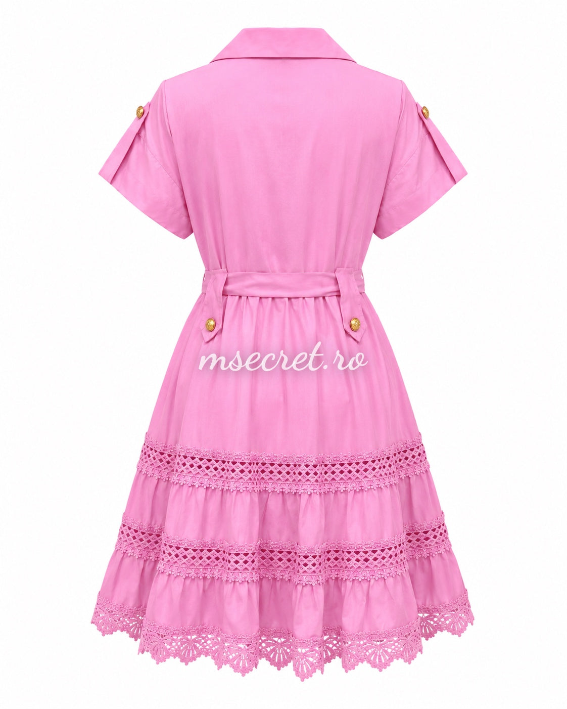 Rochie camasa roz cu cordon in talie si insertii din dantela