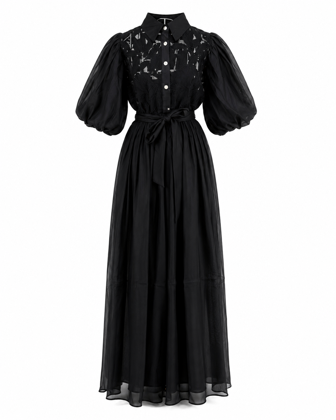 Rochie neagra elegantă din voal cu broderie florală și mâneci bufante