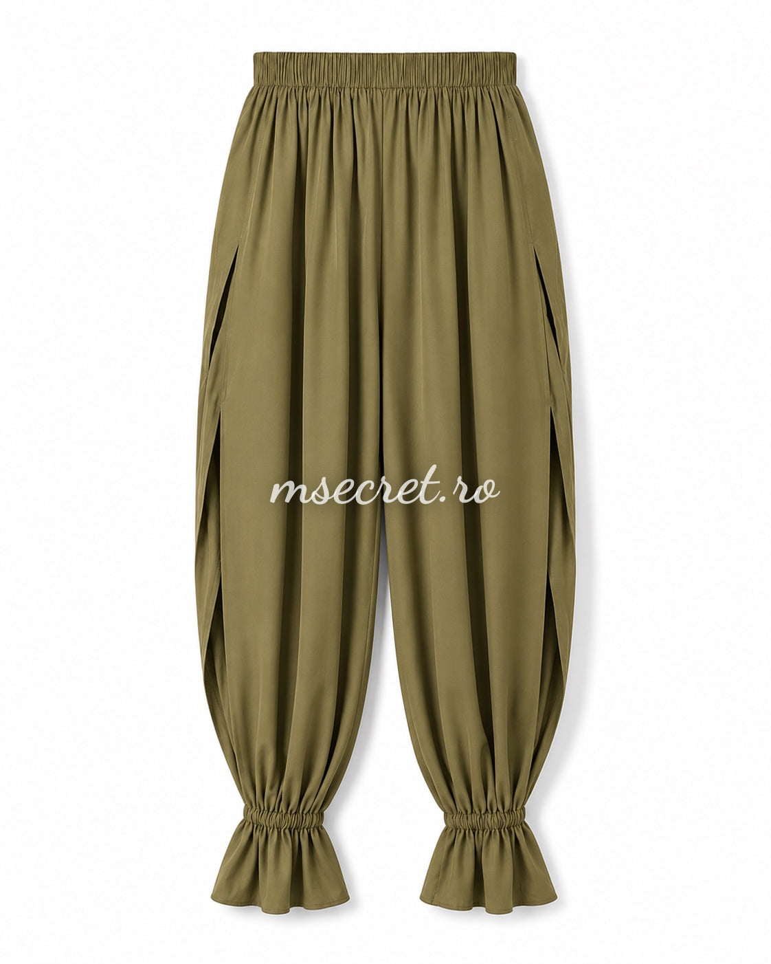 Loose mint trousers with elasticated waist and ruffled hems