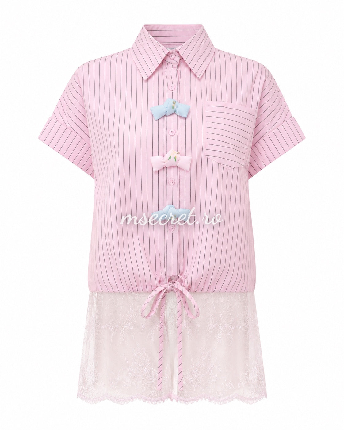 Pink striped shirt with bow and lace inserts