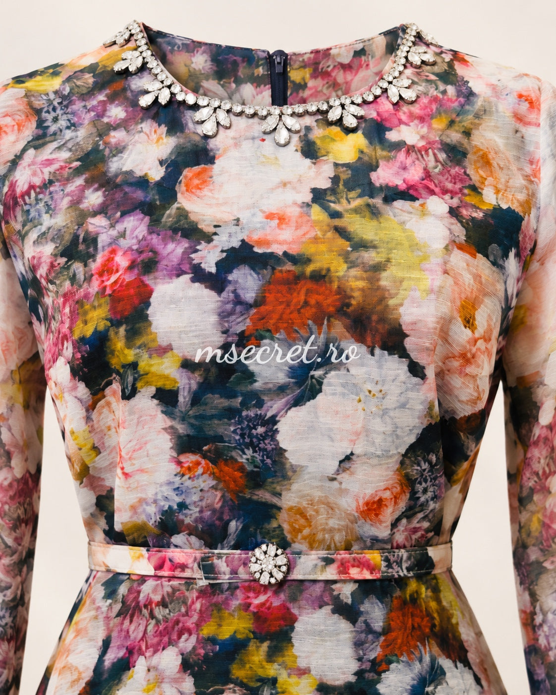 Rochie din in cu imprimeu floral si volane