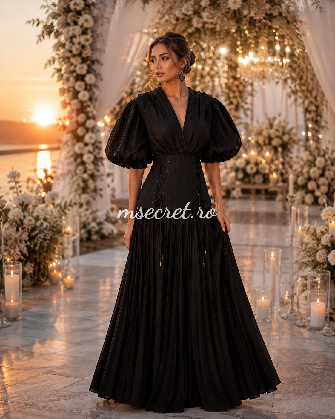 Elegant long black dress with a corset and pleated skirt – evening gown with puff sleeves