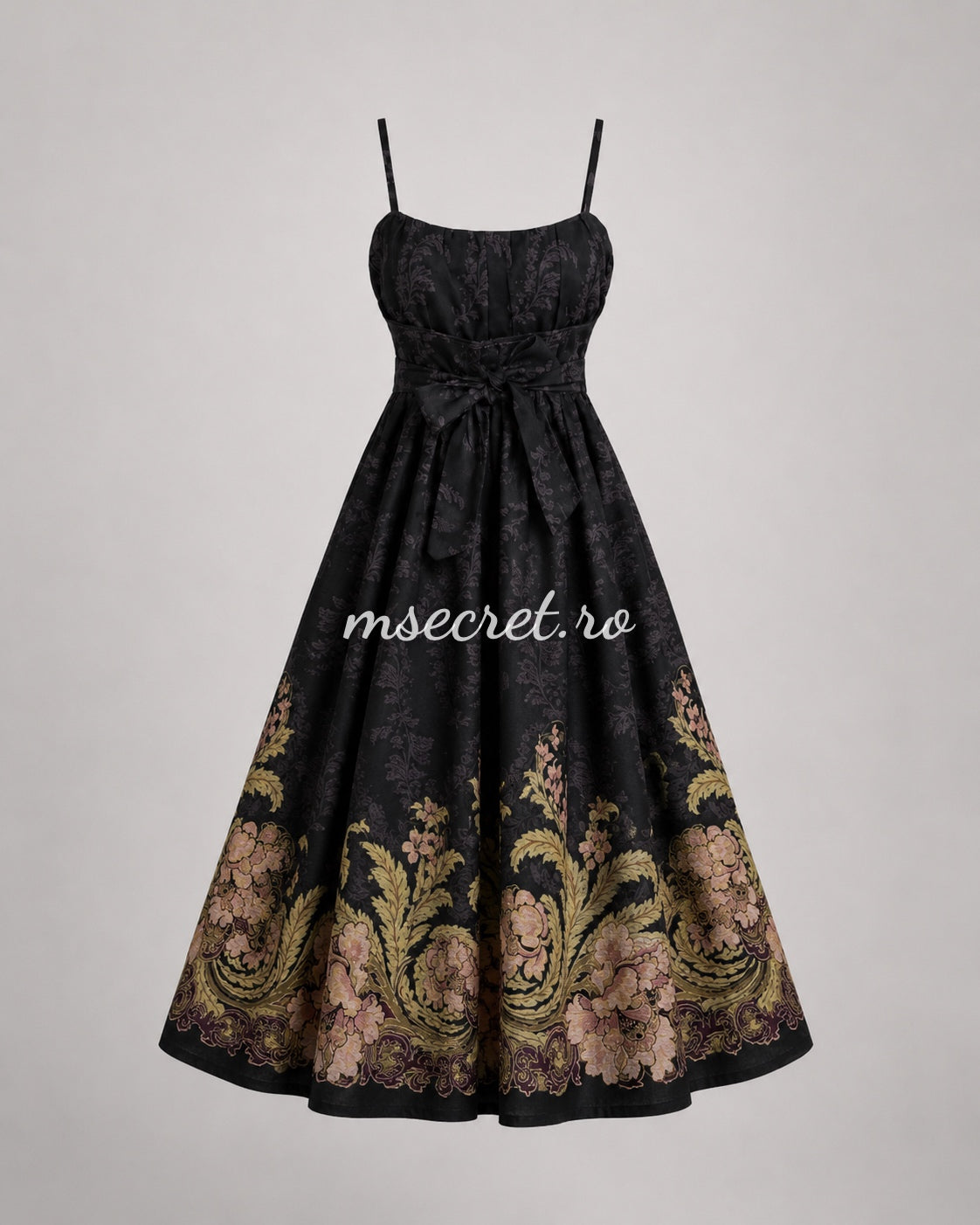 Rochie midi din in neagra cu imprimeu floral