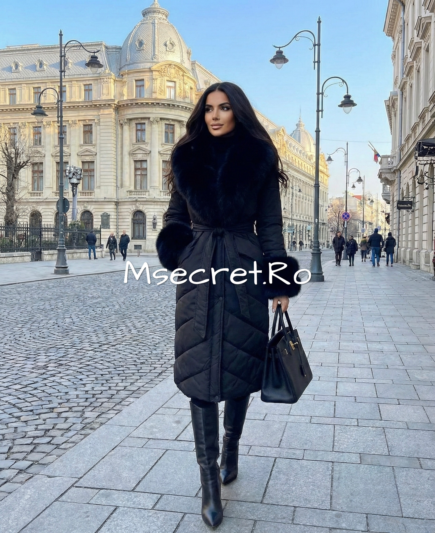 Waterproof black jacket with natural fur