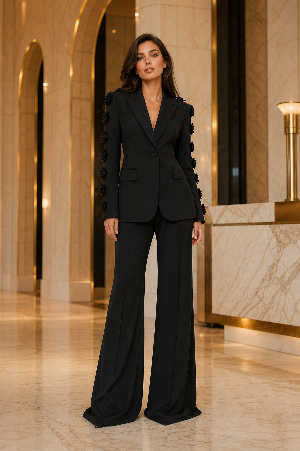 Compleu elegant negru cu sacou 3D si pantaloni