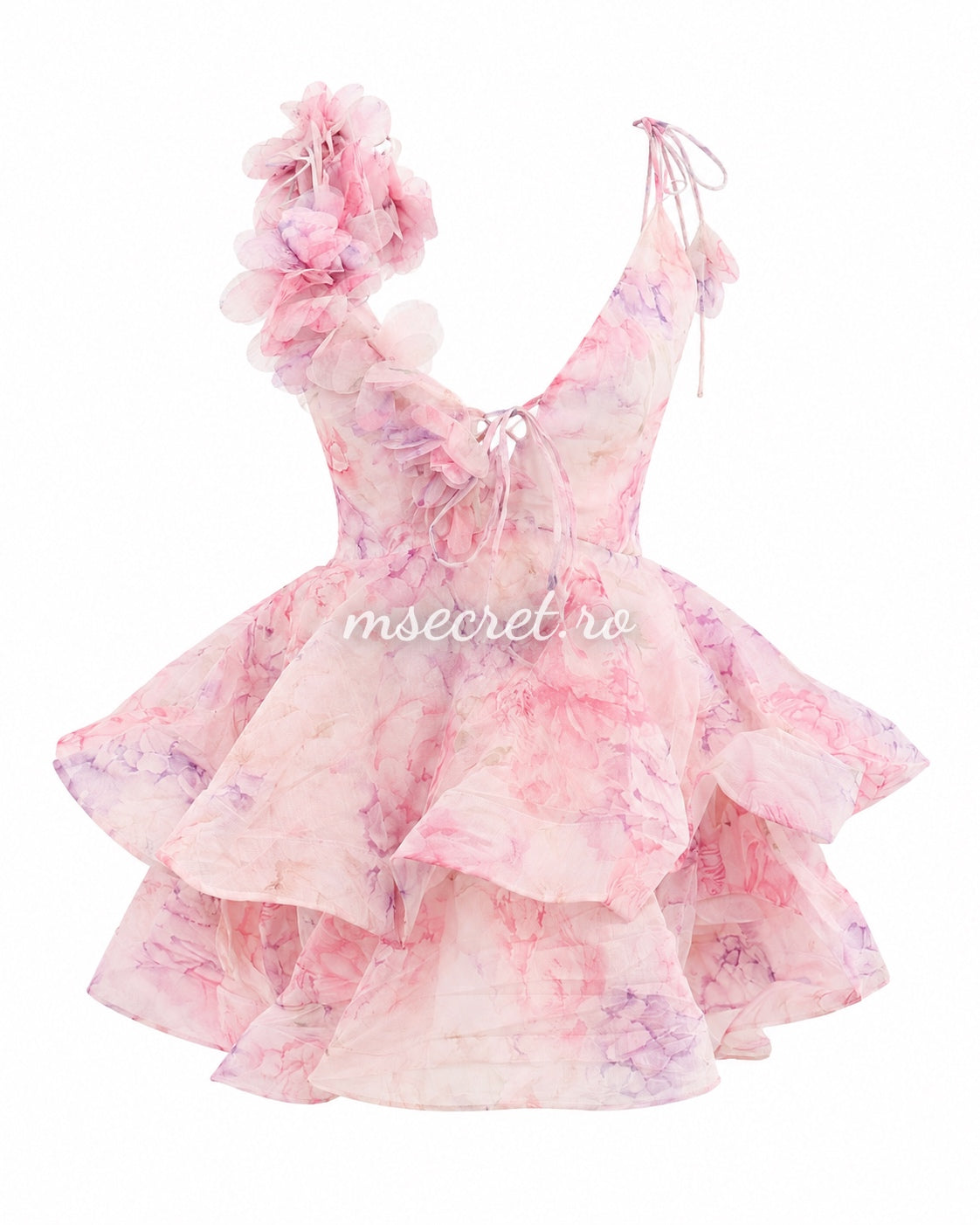 Rochie roz cu imprimeu floral si aplicatii 3D