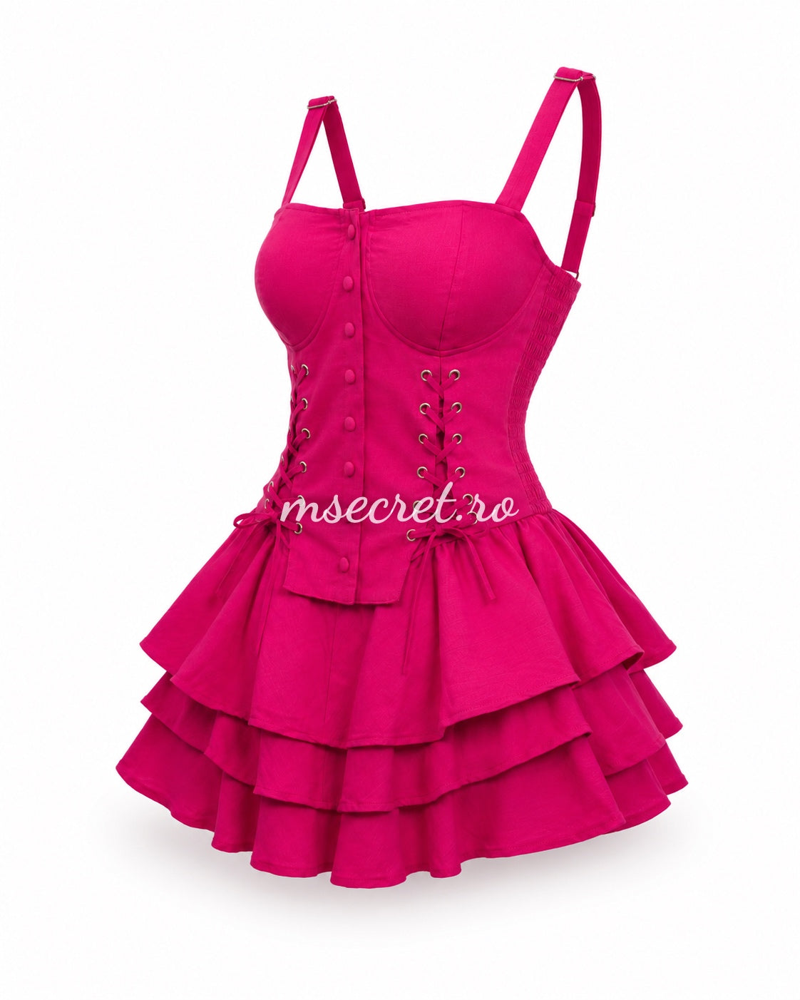 Compleu fucsia cu bluza tip corset si fusta scurta cu volane