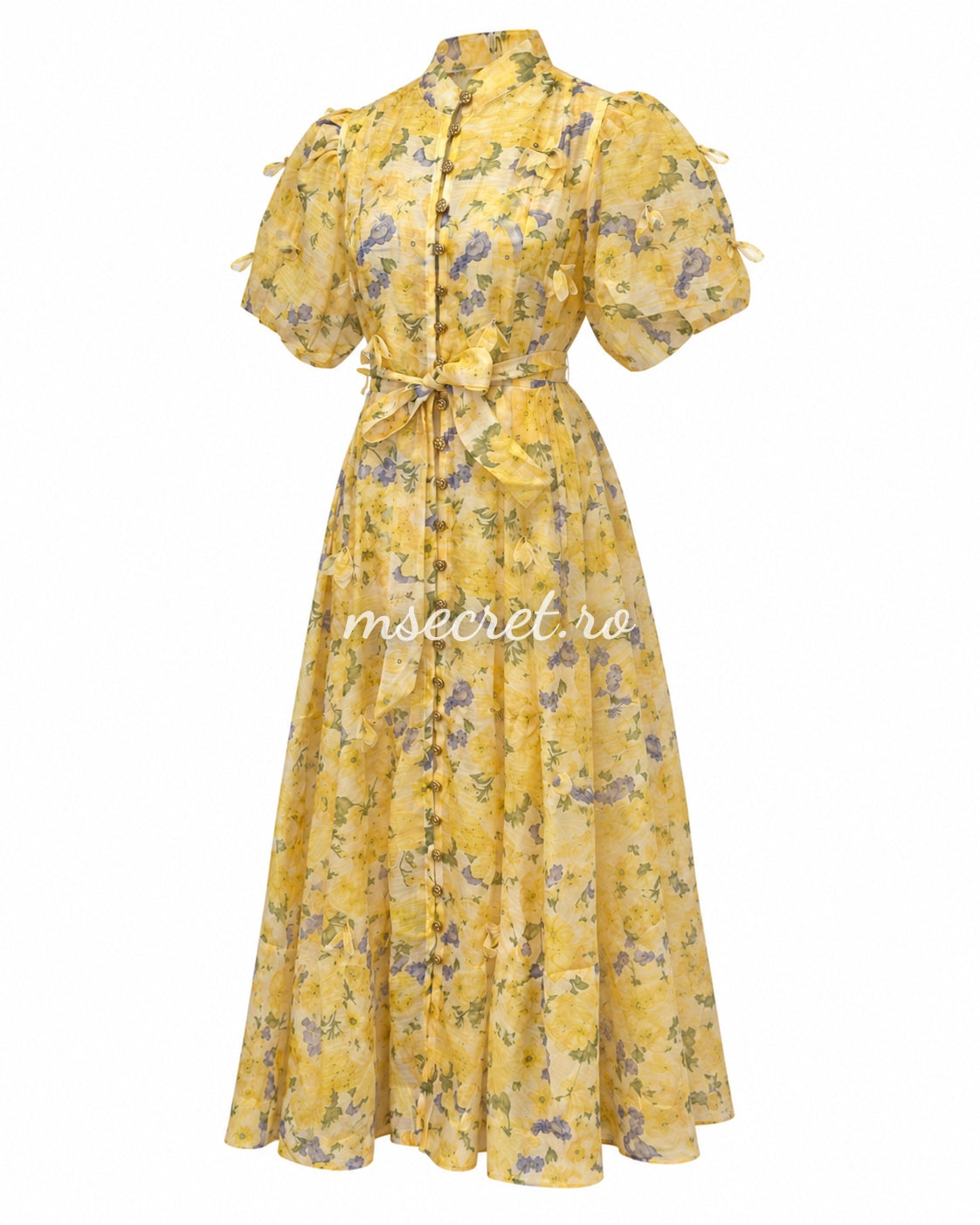 Rochie din in cu imprimeu floral galbena si maneci bufante