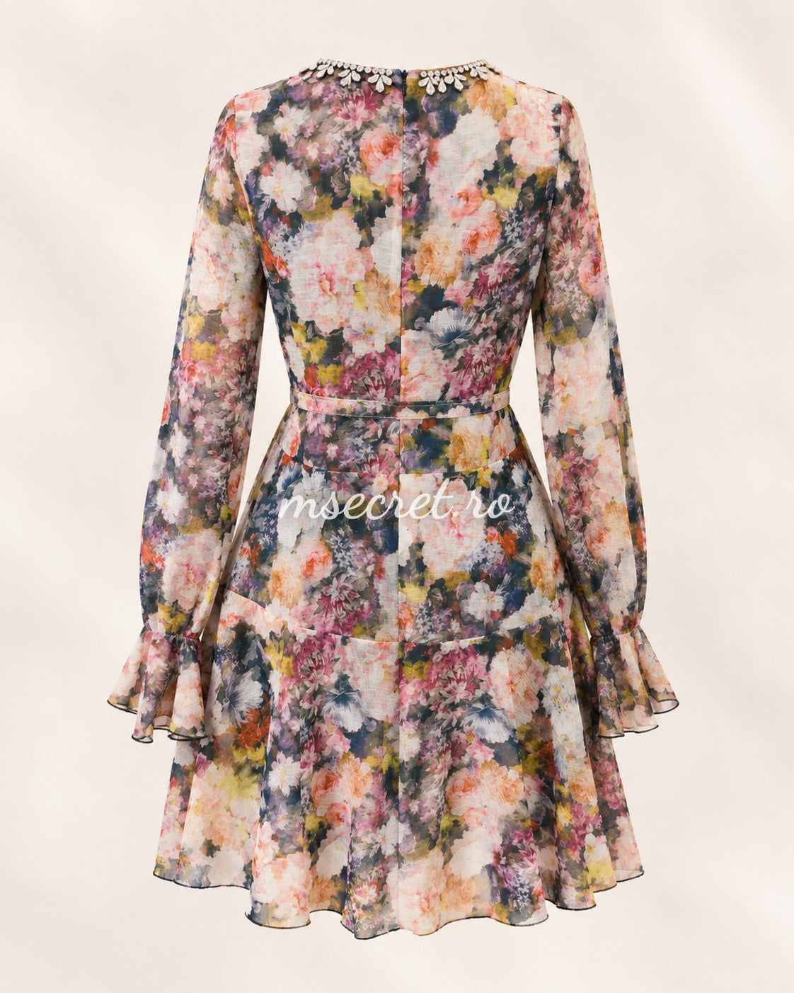 Rochie din in cu imprimeu floral si volane