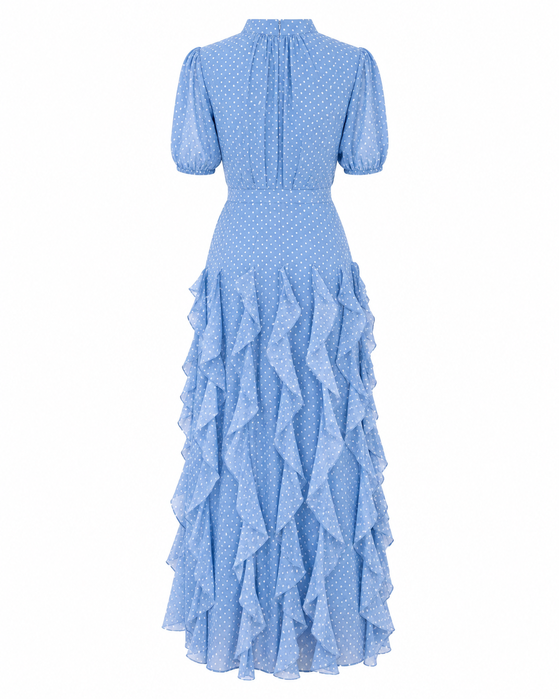 Rochie midi bleu din voal cu buline si volane delicate