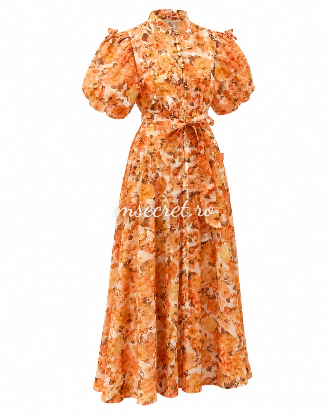 Rochie din in cu imprimeu floral orange si maneci bufante
