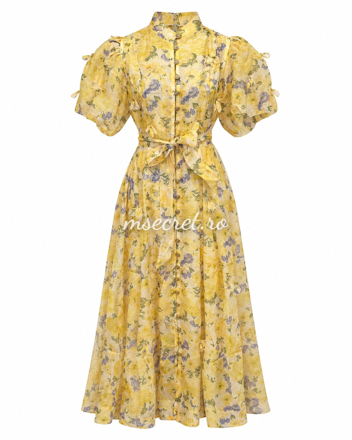 Rochie din in cu imprimeu floral galbena si maneci bufante