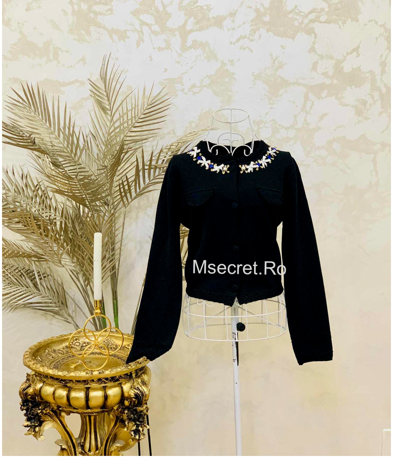 Compleu tricot negru cu aplicații bijuterie cu rochie si sacou