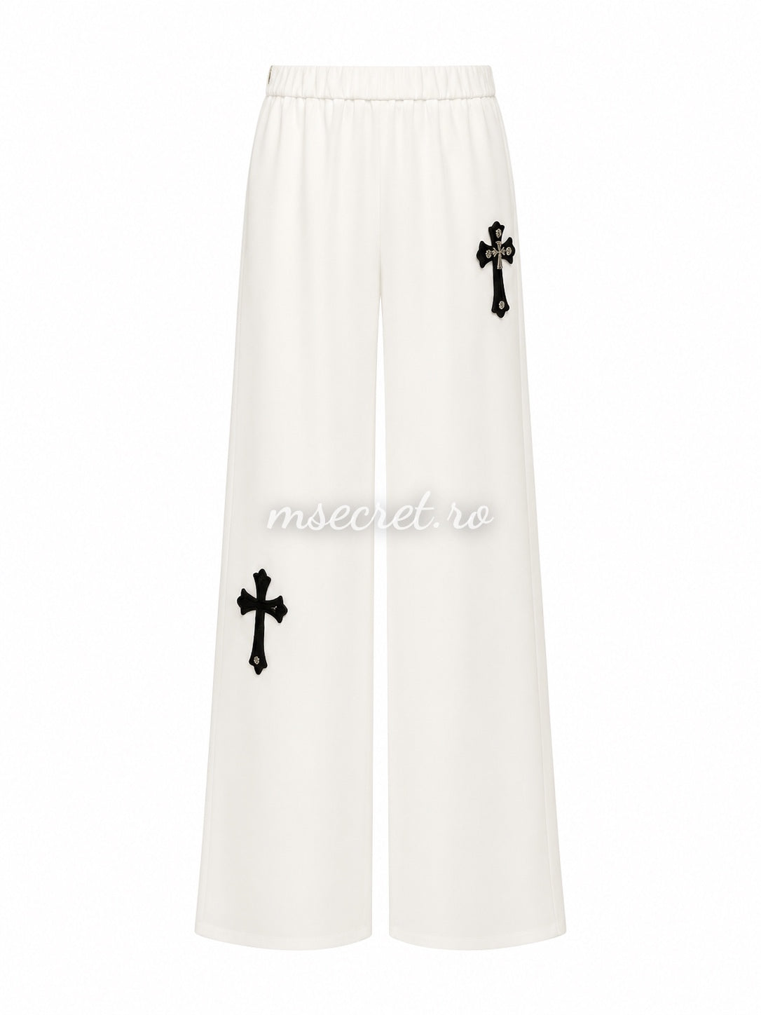 Pantaloni albi din bumbac cu croi larg si aplicatii negre tip cruce