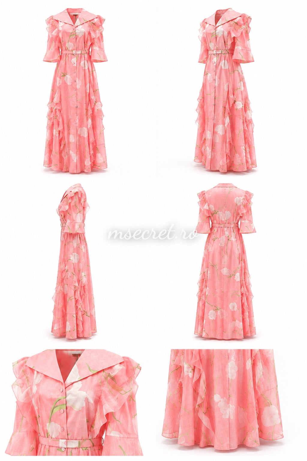 Rochie din in roz cu print floral si volane